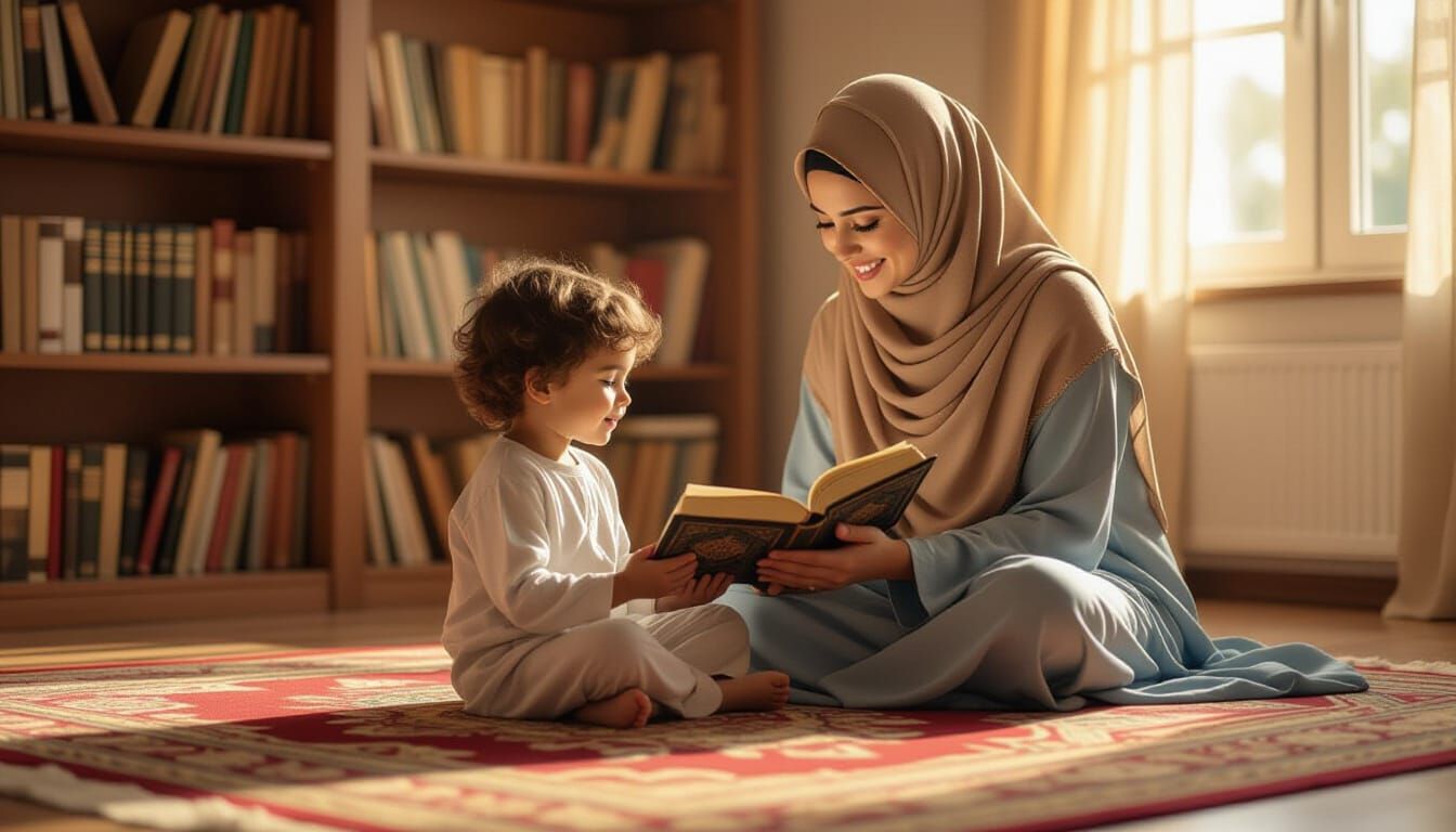 Child Reading Quran with Mother: Hyper-Realistic Scene
