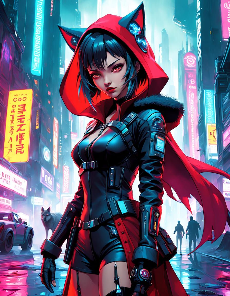 Cyborg Wolf Girl Reigns in Neon Cyberpunk City