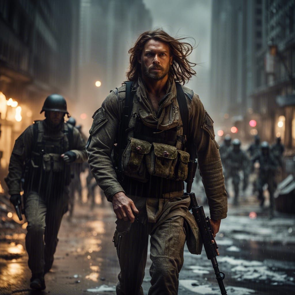 Soldier Runs Through Post-Apocalyptic City Ruins