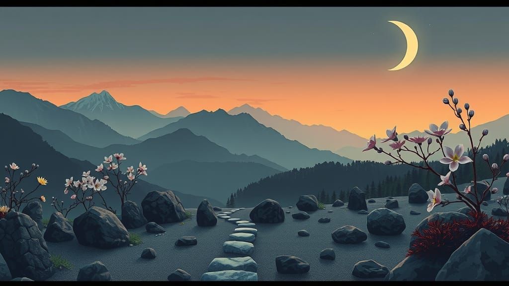 Twilight Zen Garden in Japanese Ink Wash Style