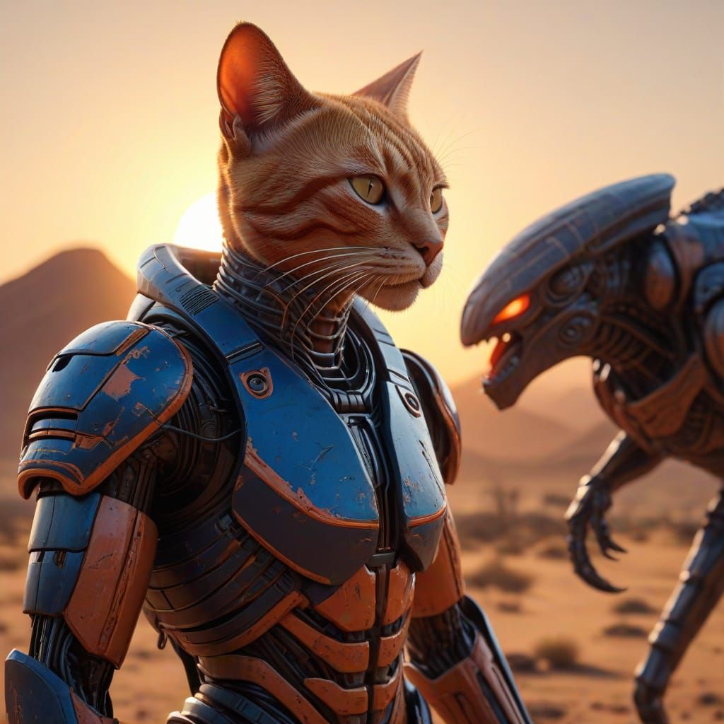 Armored Cat Confronts Xenomorph: Sci-Fi Digital Art