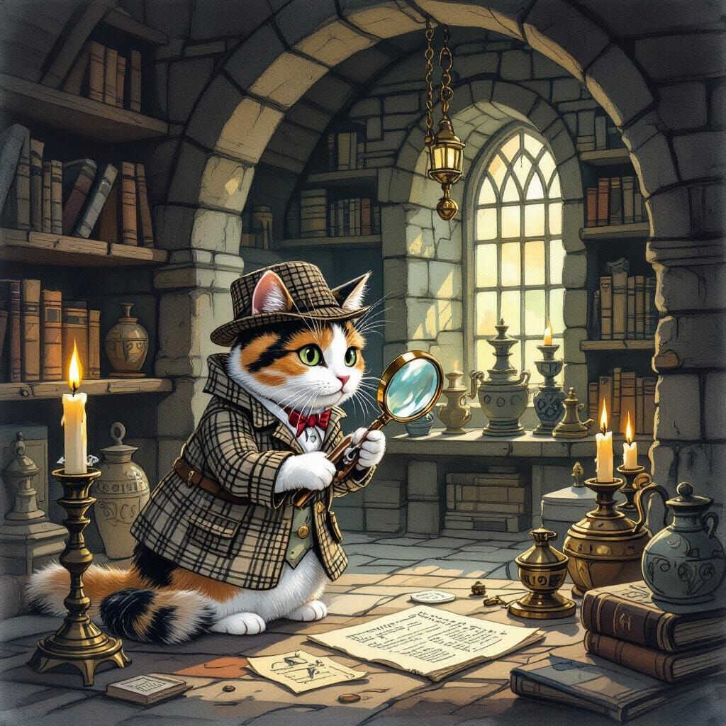 Calico Cat Detective Investigates Artifacts, Storybook Style
