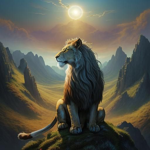 Winged Lioness Shelters Forest in Golden Light