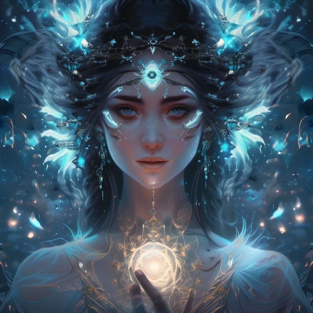 Ethereal Female Mage Casting Magic Under Moon