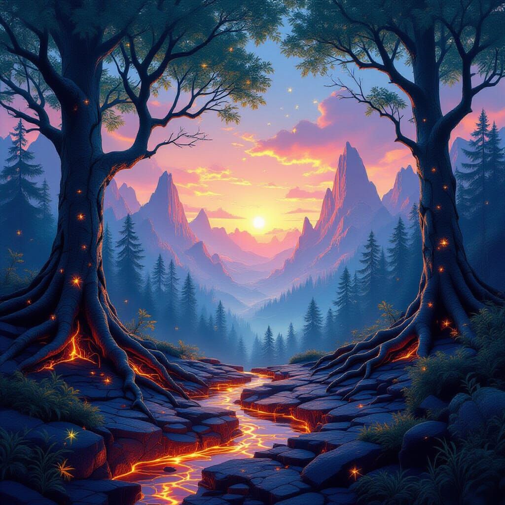 Bioluminescent Forest with Molten Roots and Glass Peaks