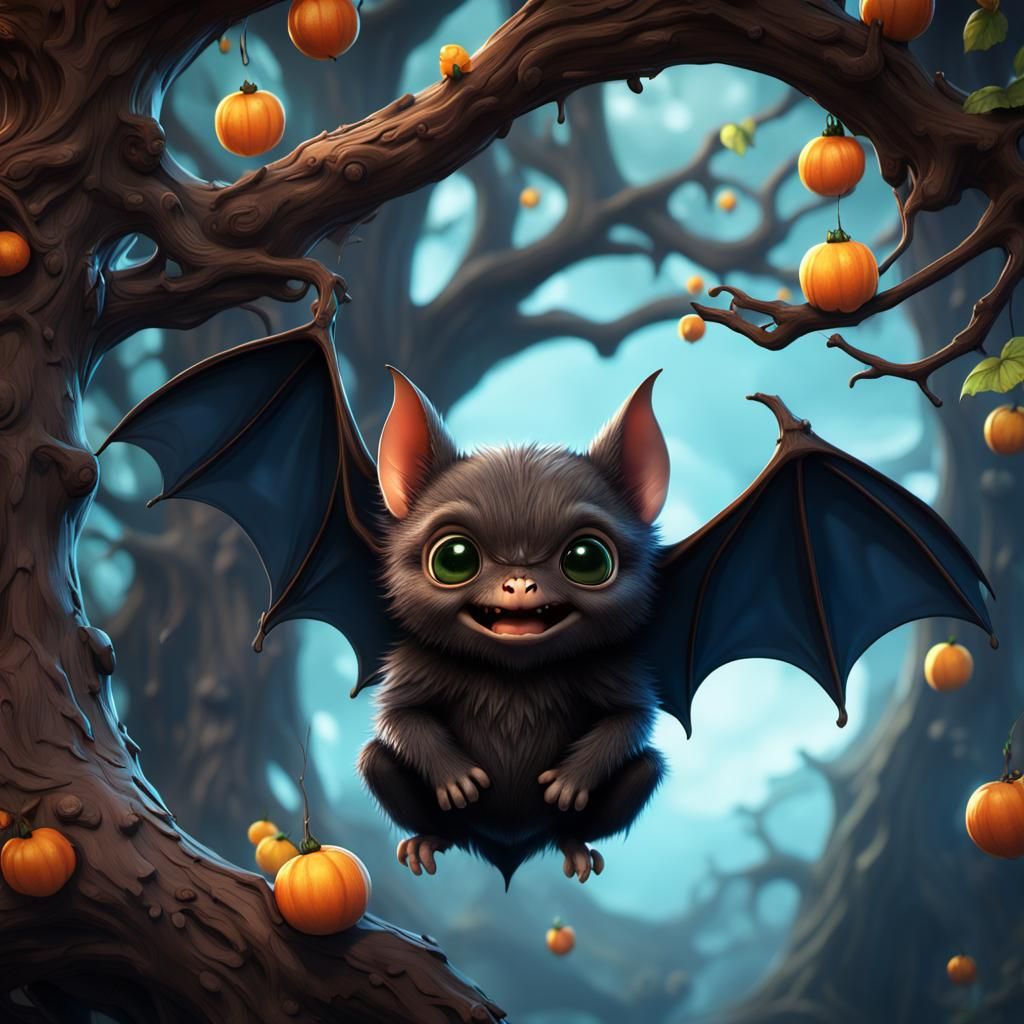 Cute Upside Down Bat in Detailed Matte Painting