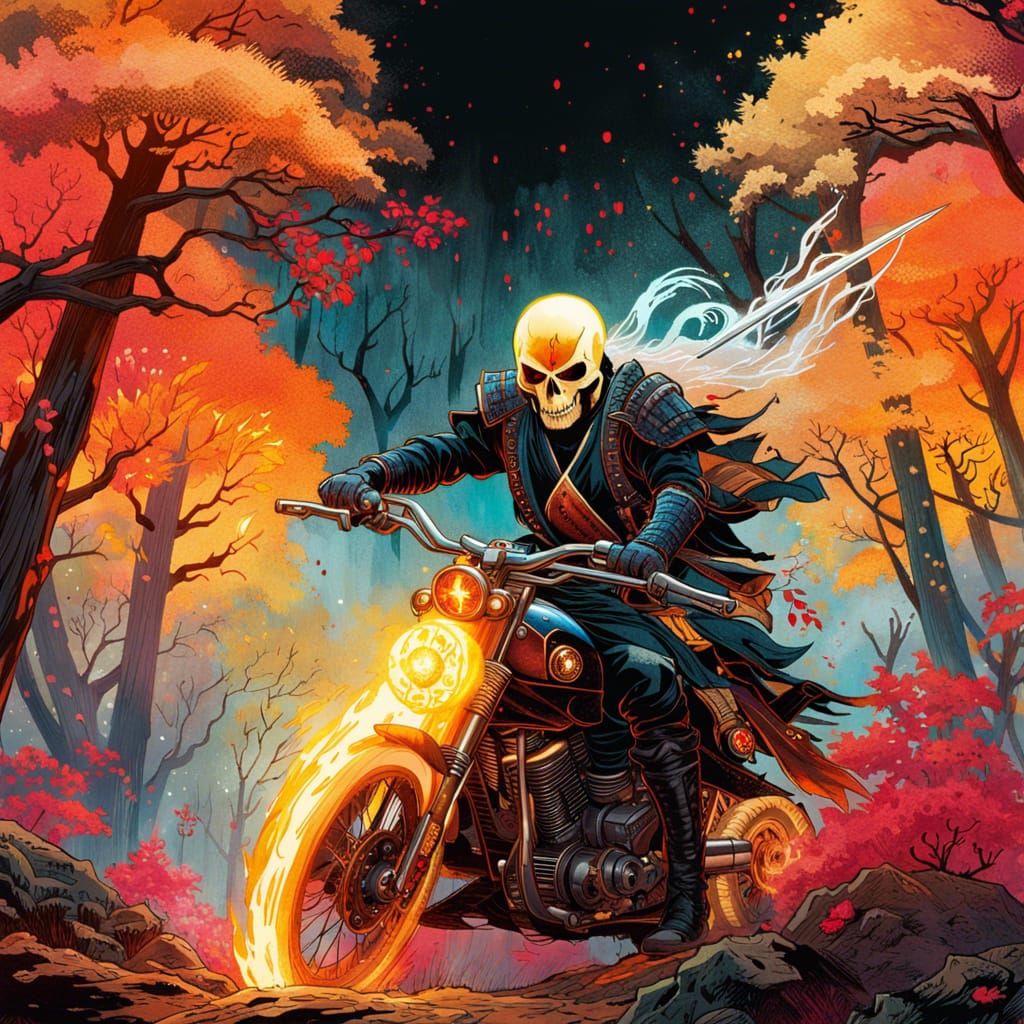 Ghost Rider Samurai in Luminous Watercolor