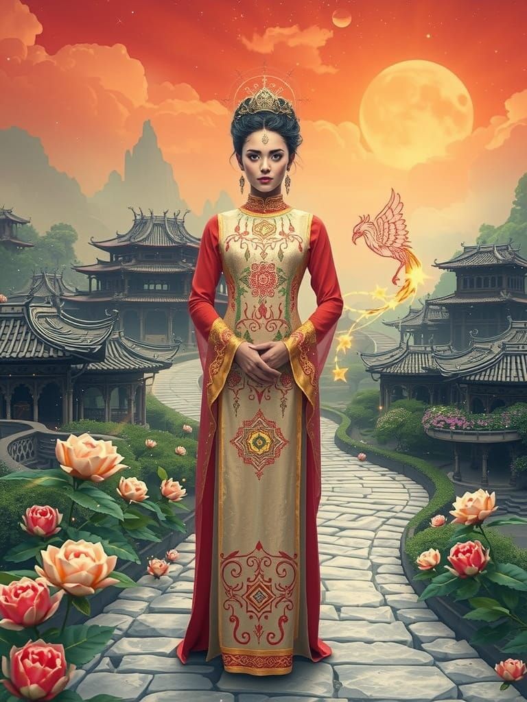 Cosmic Goddess Embodies Mystical Realm with Celestial Guardi...