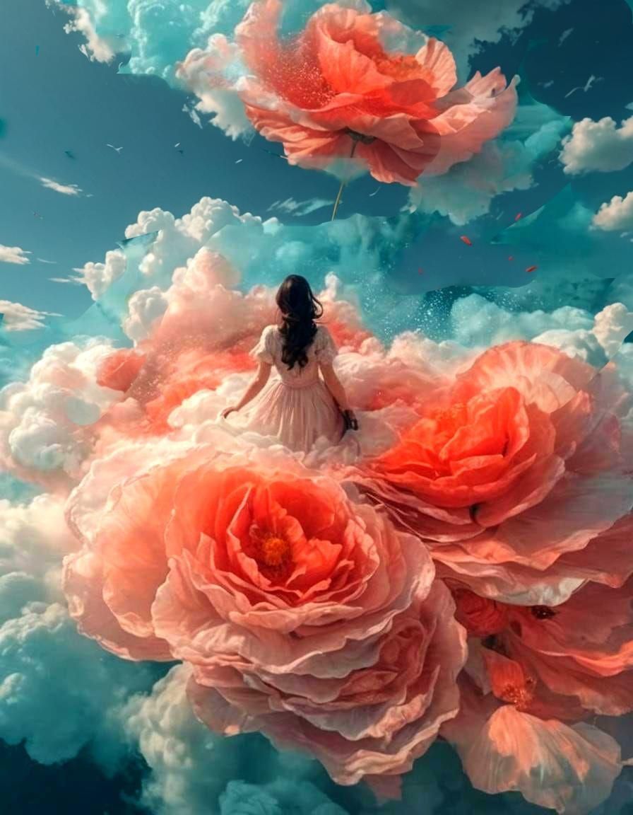 Girl Walks on Clouds of Poppy Flowers
