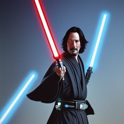 A Keanu Reeves portraying a Jedi, with a katana-style lightsaber, Star Wars Visions