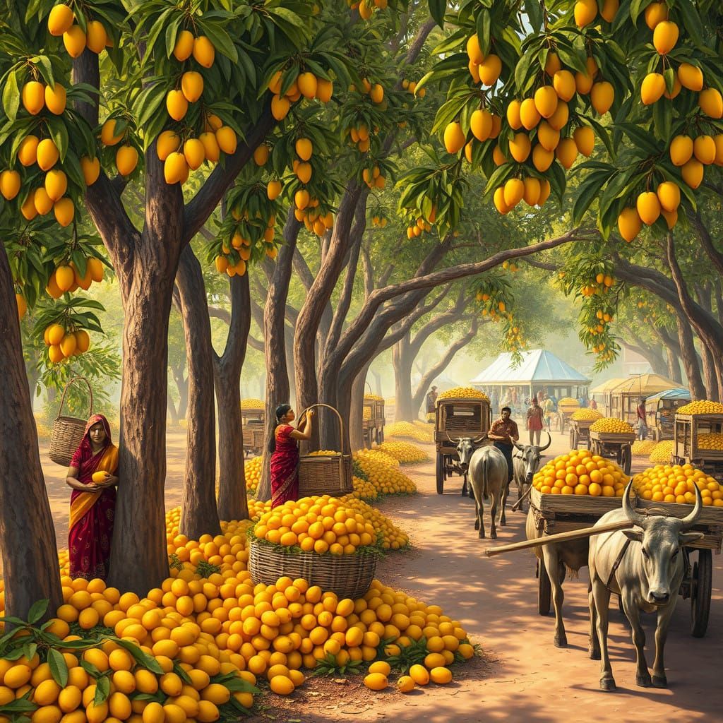 Vibrant Indian Harvest Scene in Colorful Folk Art Style