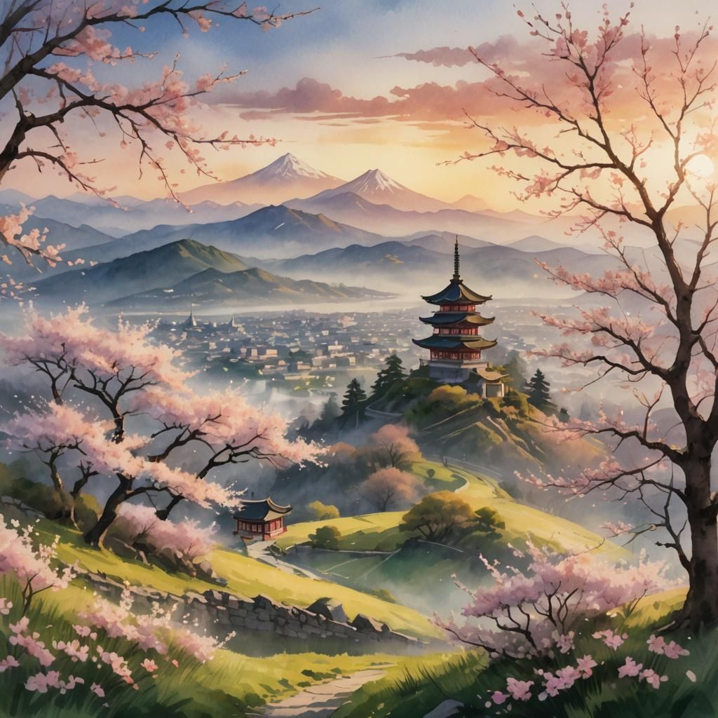 Spring Landscape with Cherry Blossoms in Anime Style