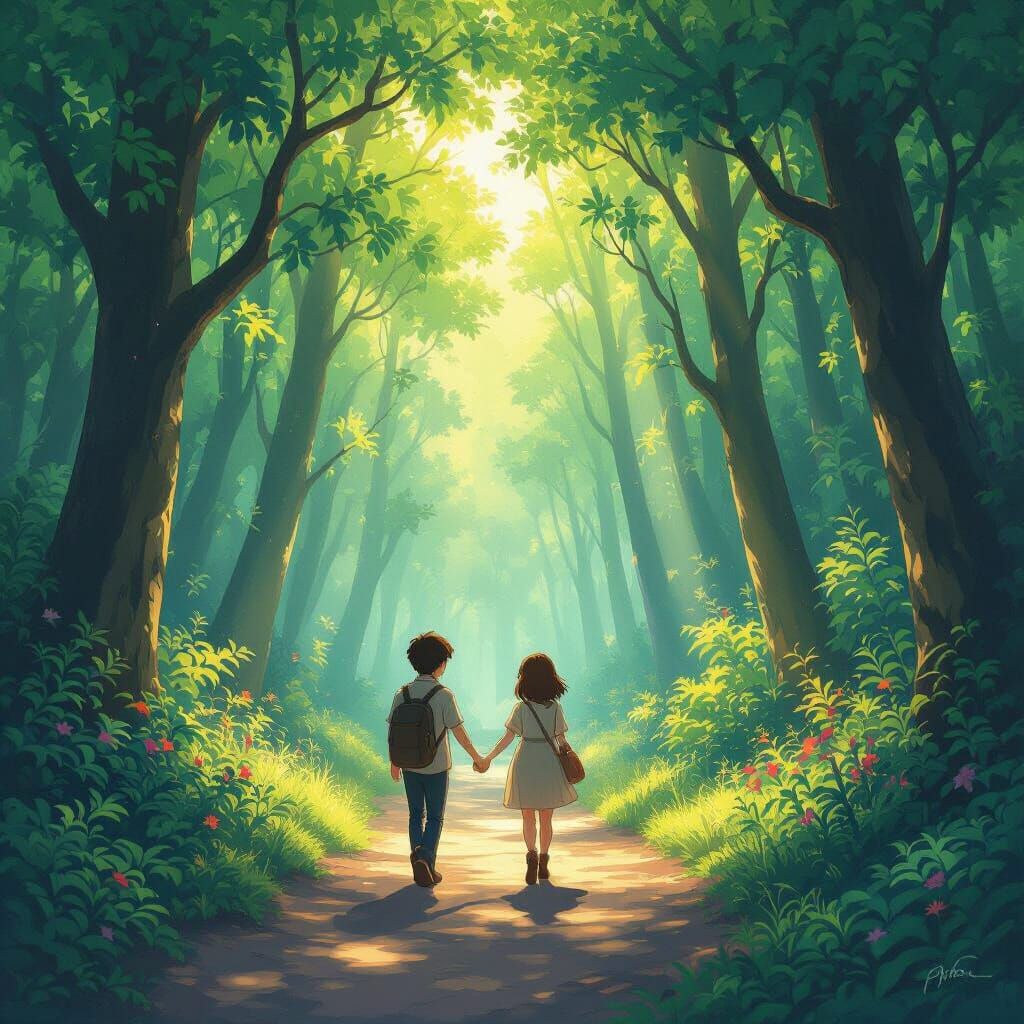 Enchanted Forest with Couple, Studio Ghibli Anime Style