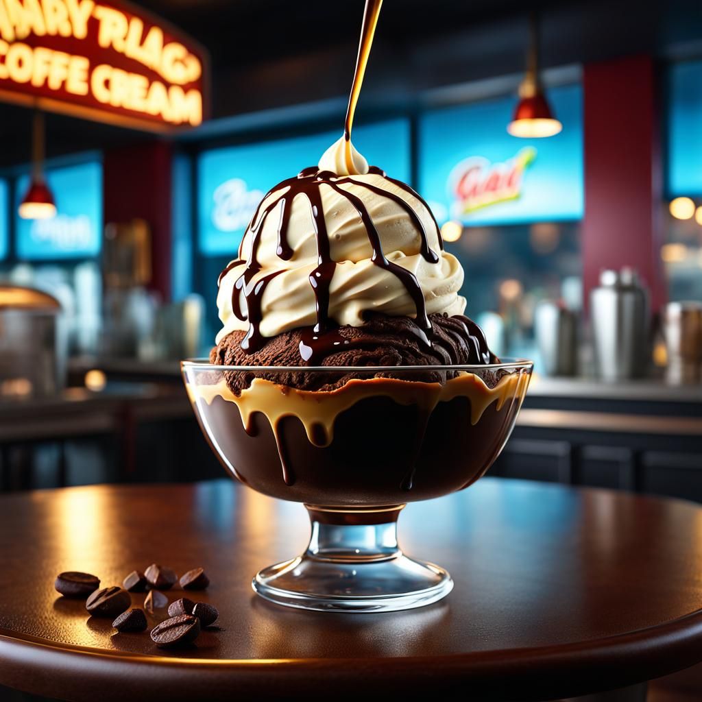 Epic melting coffee ice cream in a glass dessert bowl