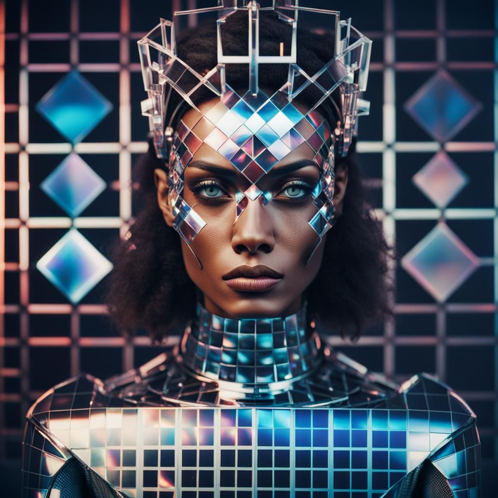 Cybernetic Model in Retro-Futuristic Polaroid Portrait