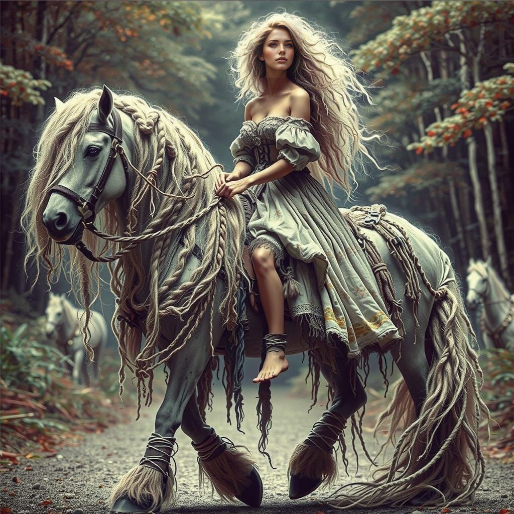 Surreal Warrior on Gypsy Horse in Whimsical Forest