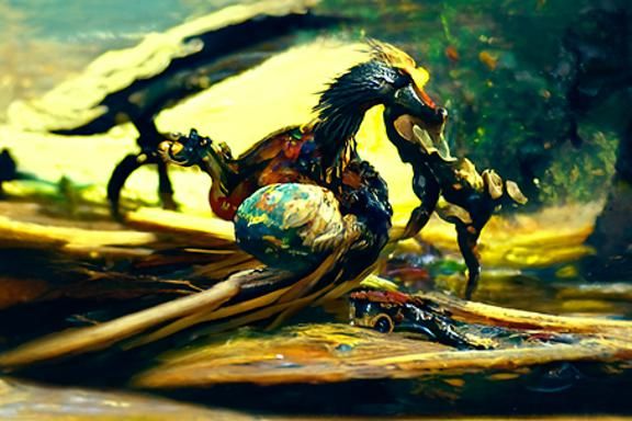 Boy Riding Feathered Raptor, Oil Painting