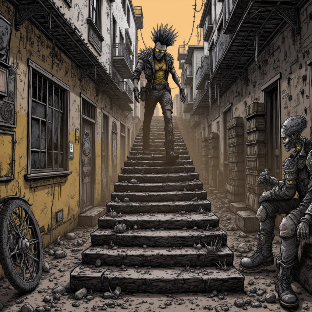 Surreal Copper Staircase to Hellish Landscape in Acrylic Ink...