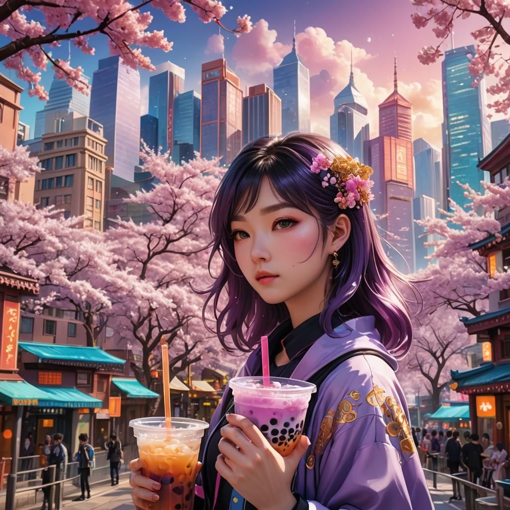 Anime Girl in Fantasy Landscape with Bubble Tea
