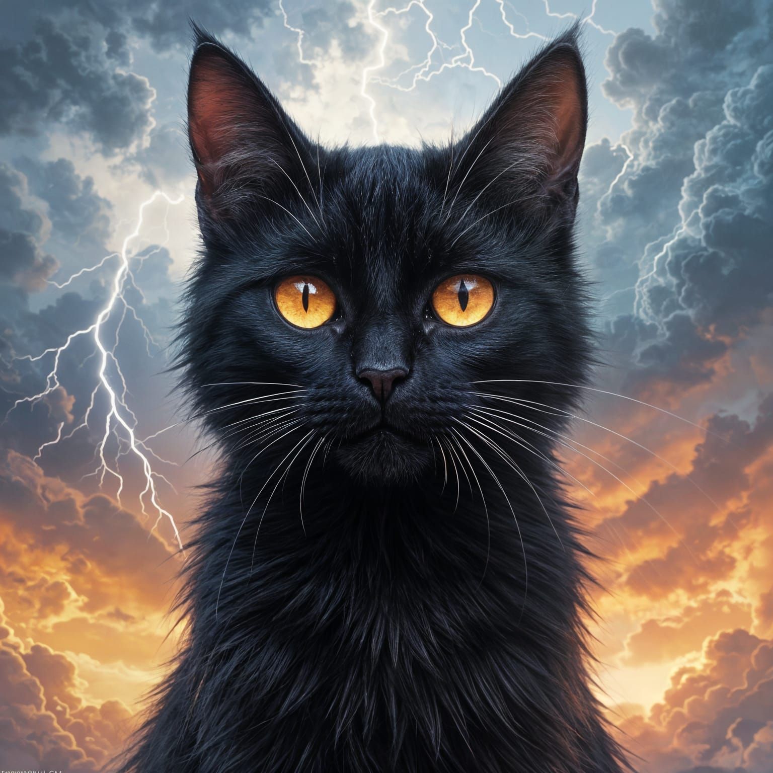 Black Cat Portrait with Crescent Moon, Fantasy Art