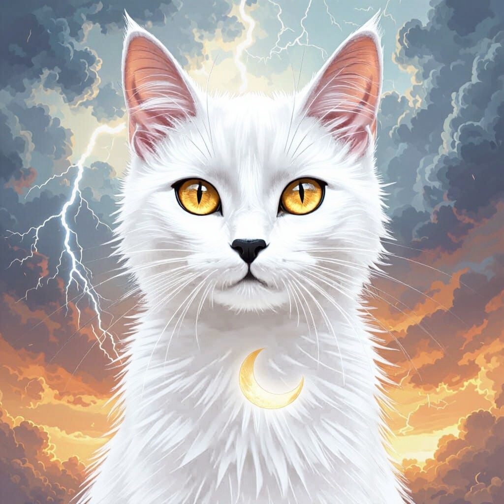 Black Cat Portrait with Crescent Moon in Digital Art