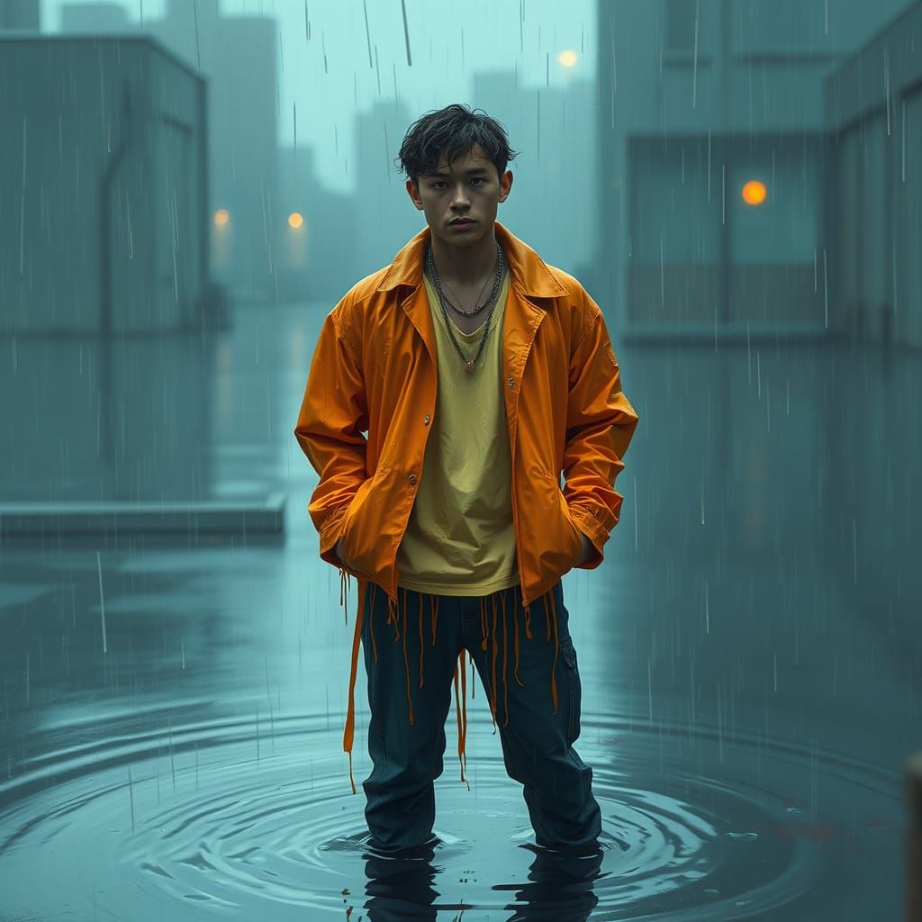 Person in Dripping Clothes in Cinematic Style