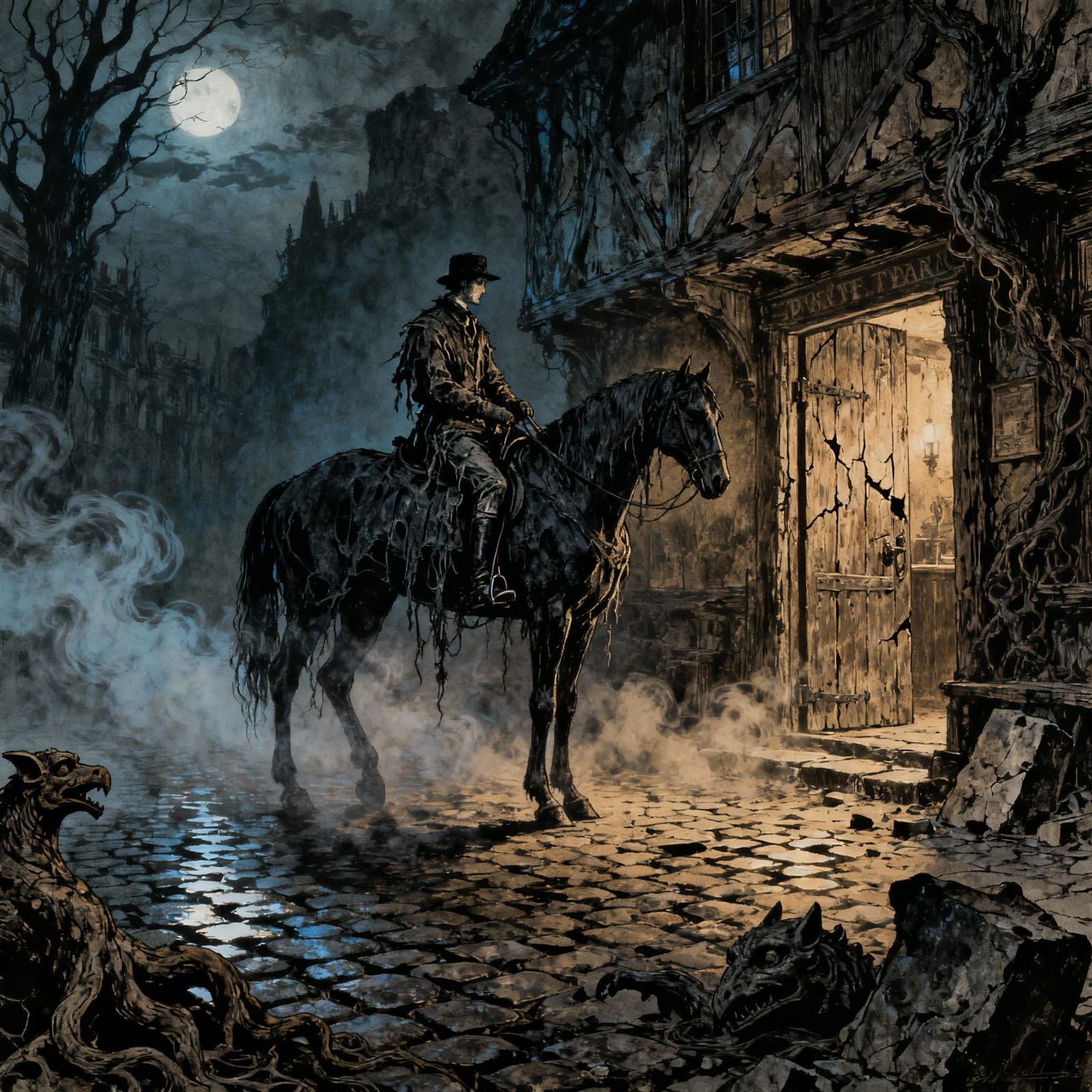 Jockey Before Ancient Tavern in Eerie Moonlight