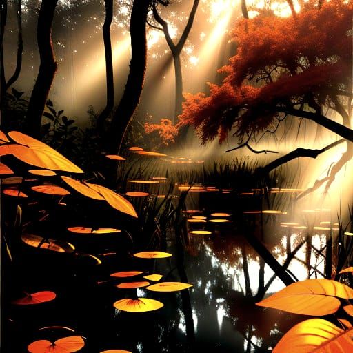 Misty Swamp Landscape in Warm Hues