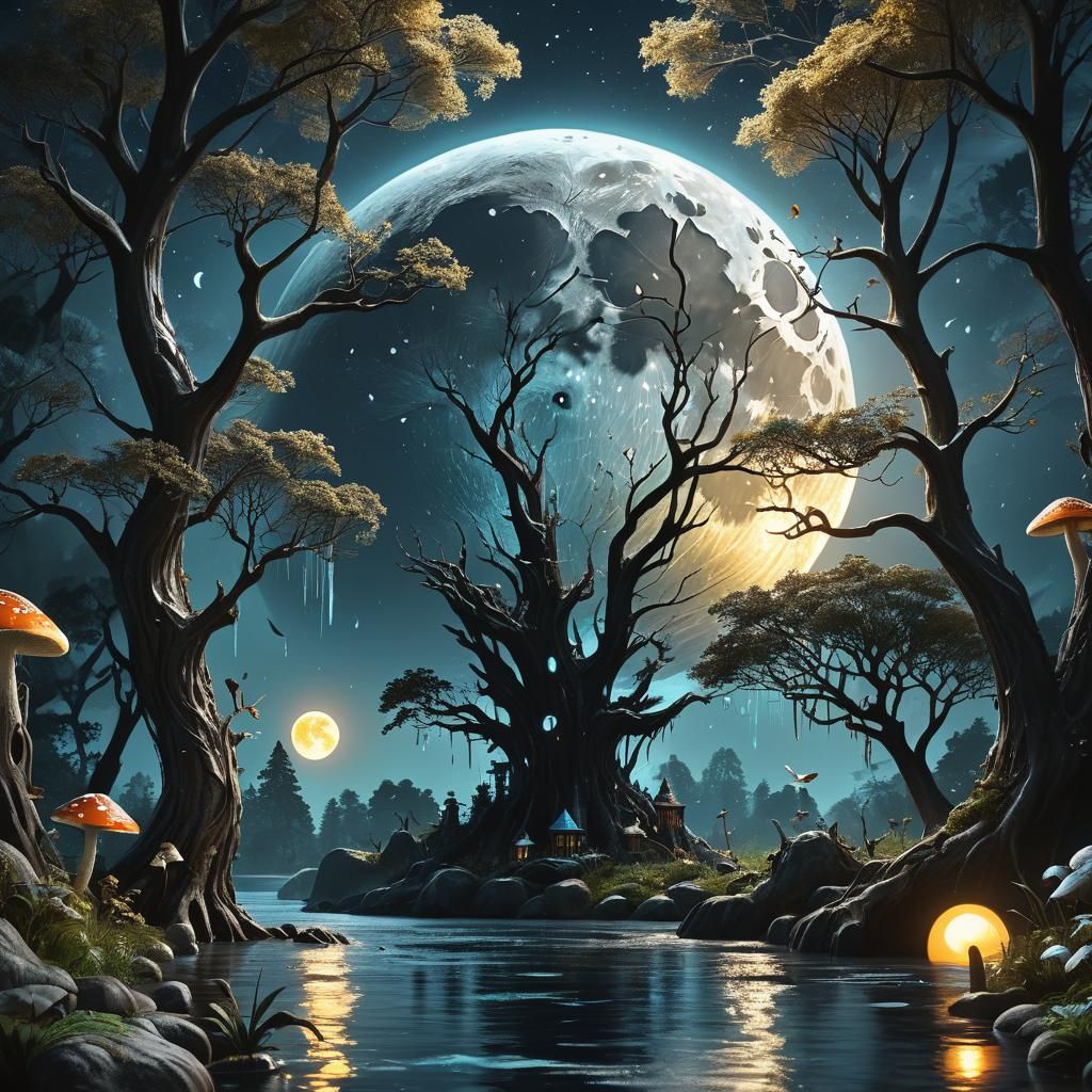 Enchanted Moon with Mystical Creatures and Waterfalls