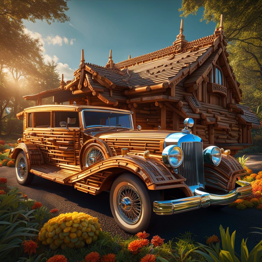 Lincoln Log Car: Maximalist Fantasy Concept Art