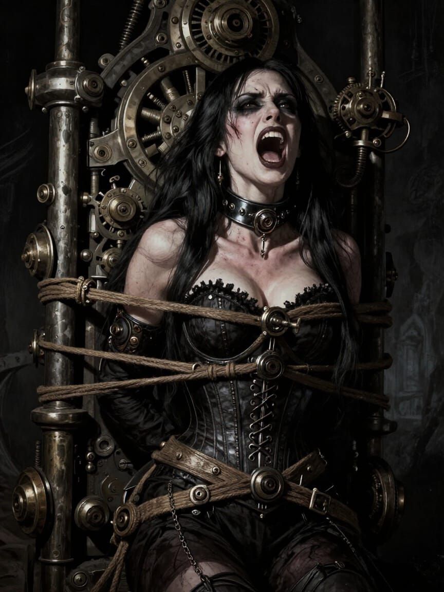 Steampunk Witch Screams in Mechanical Trap