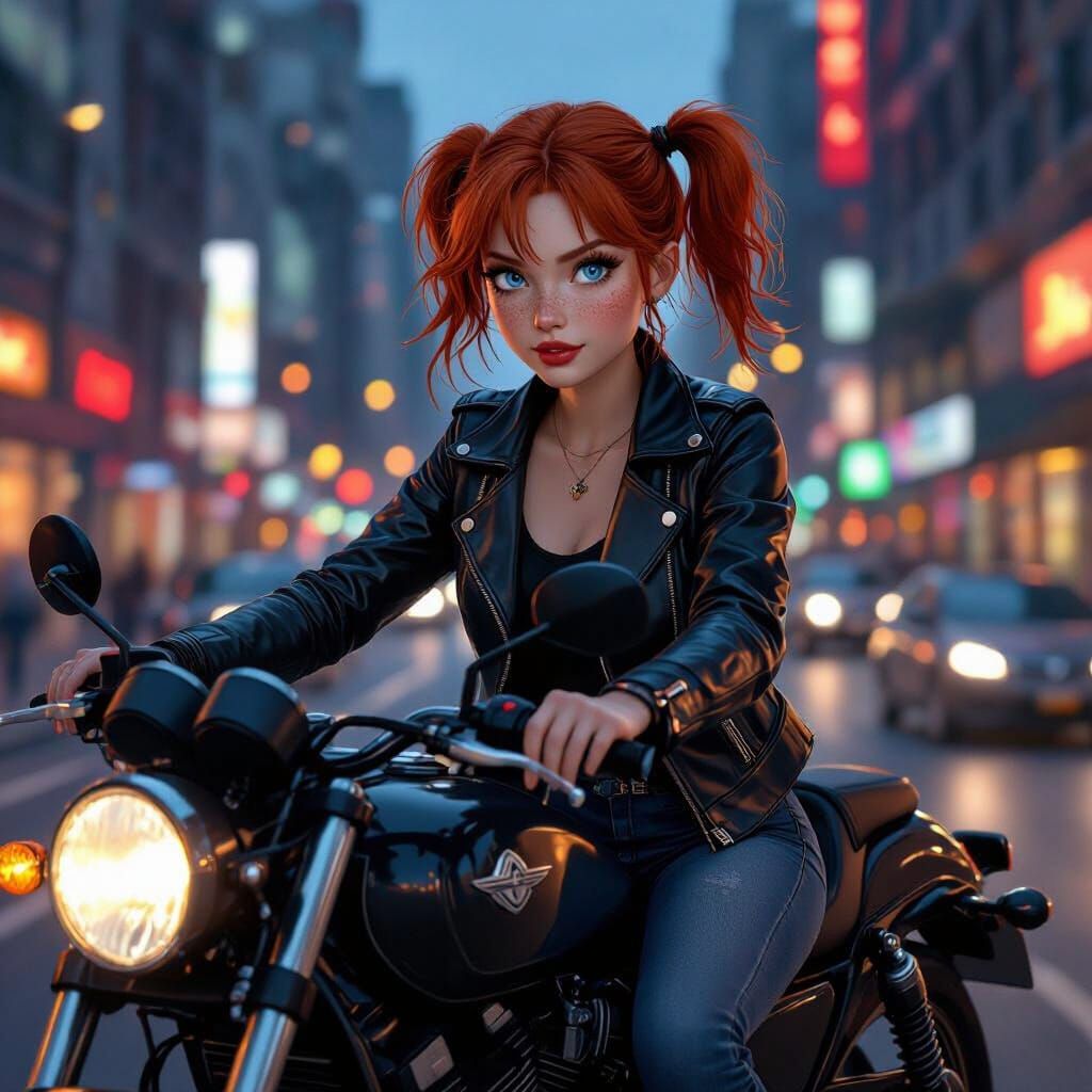 Redhead Hacker Rides Motorcycle Through City at Dusk