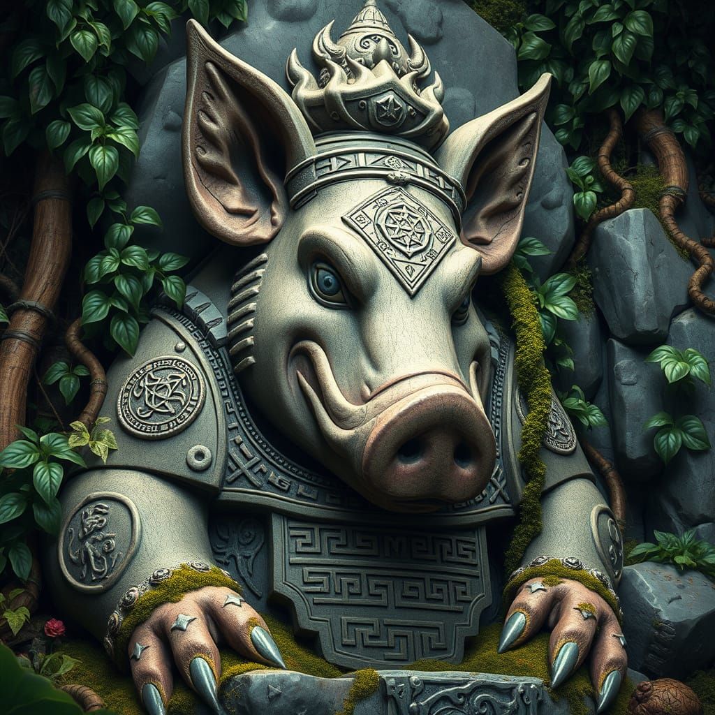 Stone Pig God in Jungle, Engraved with Ancient Runes