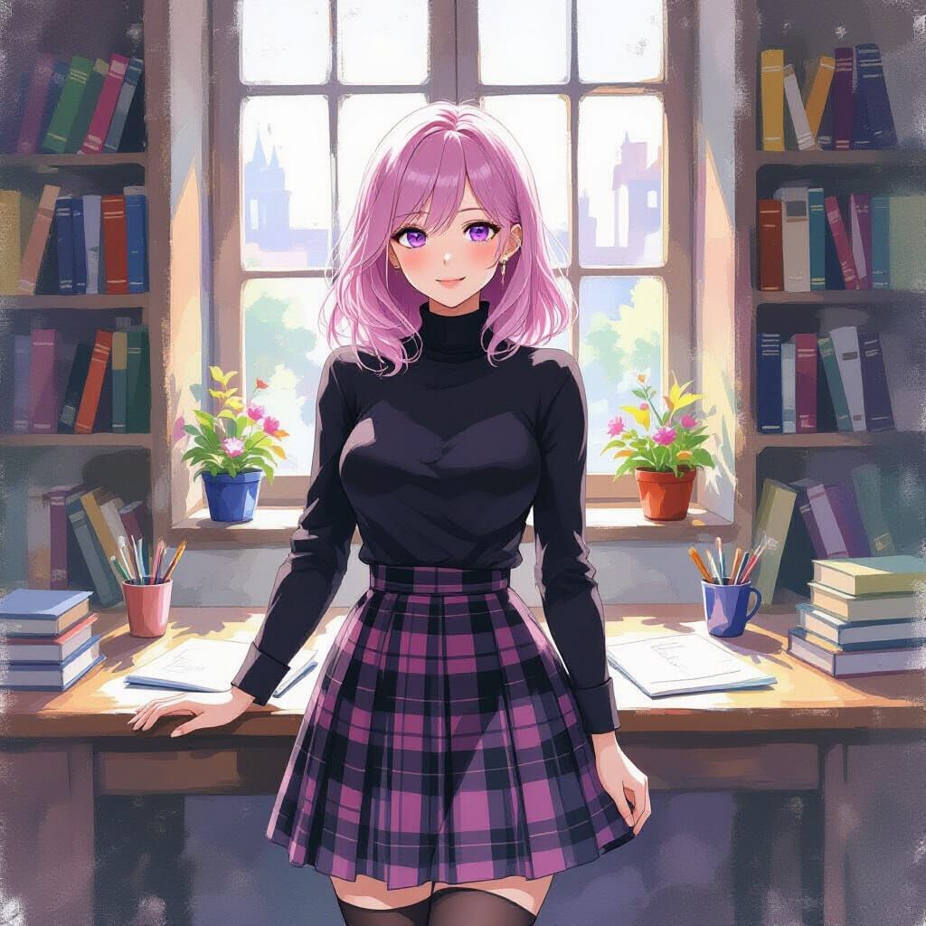 Pink Haired Woman in Plaid Dress in Library