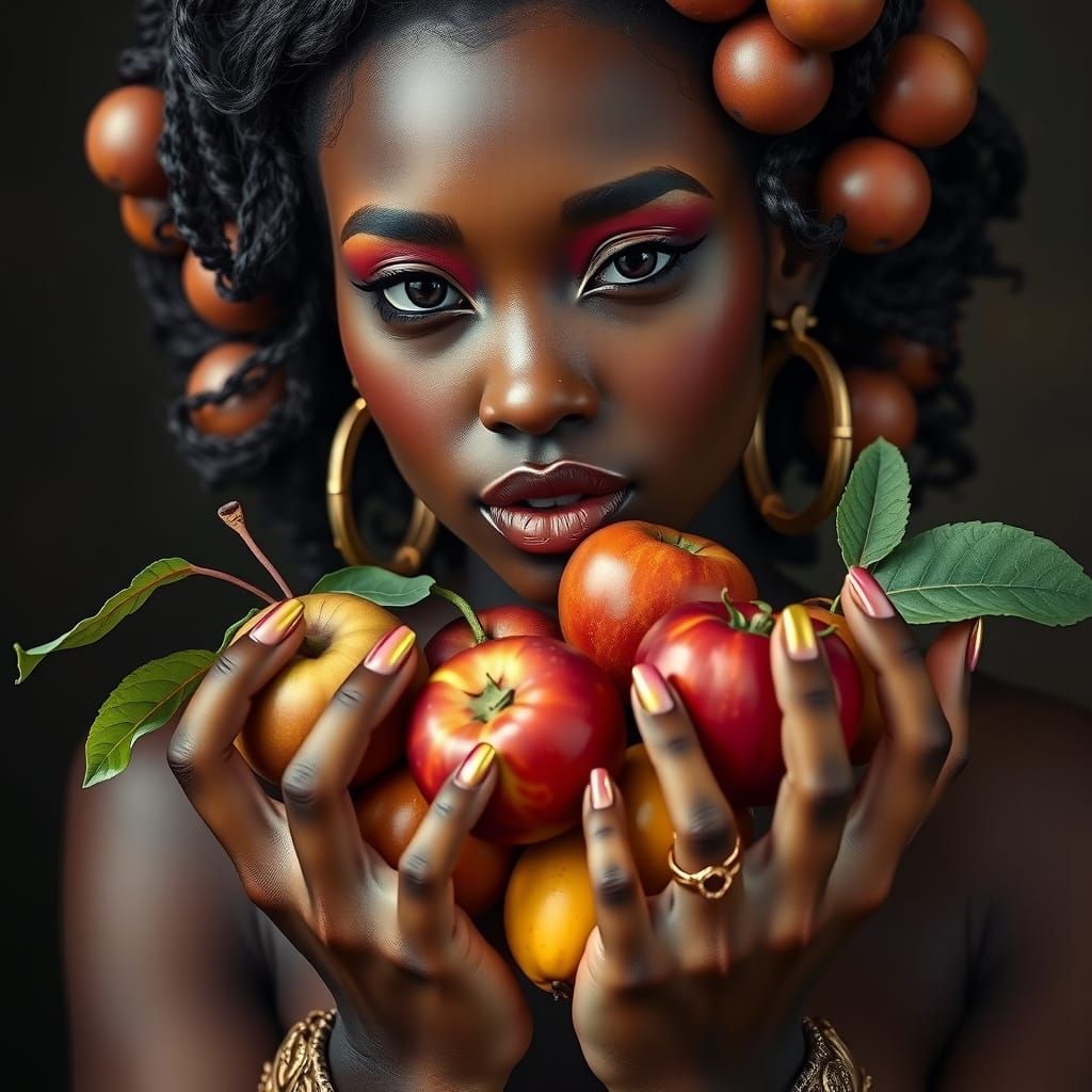 African American Woman Portrait with Fruits and Gold Ornamen...