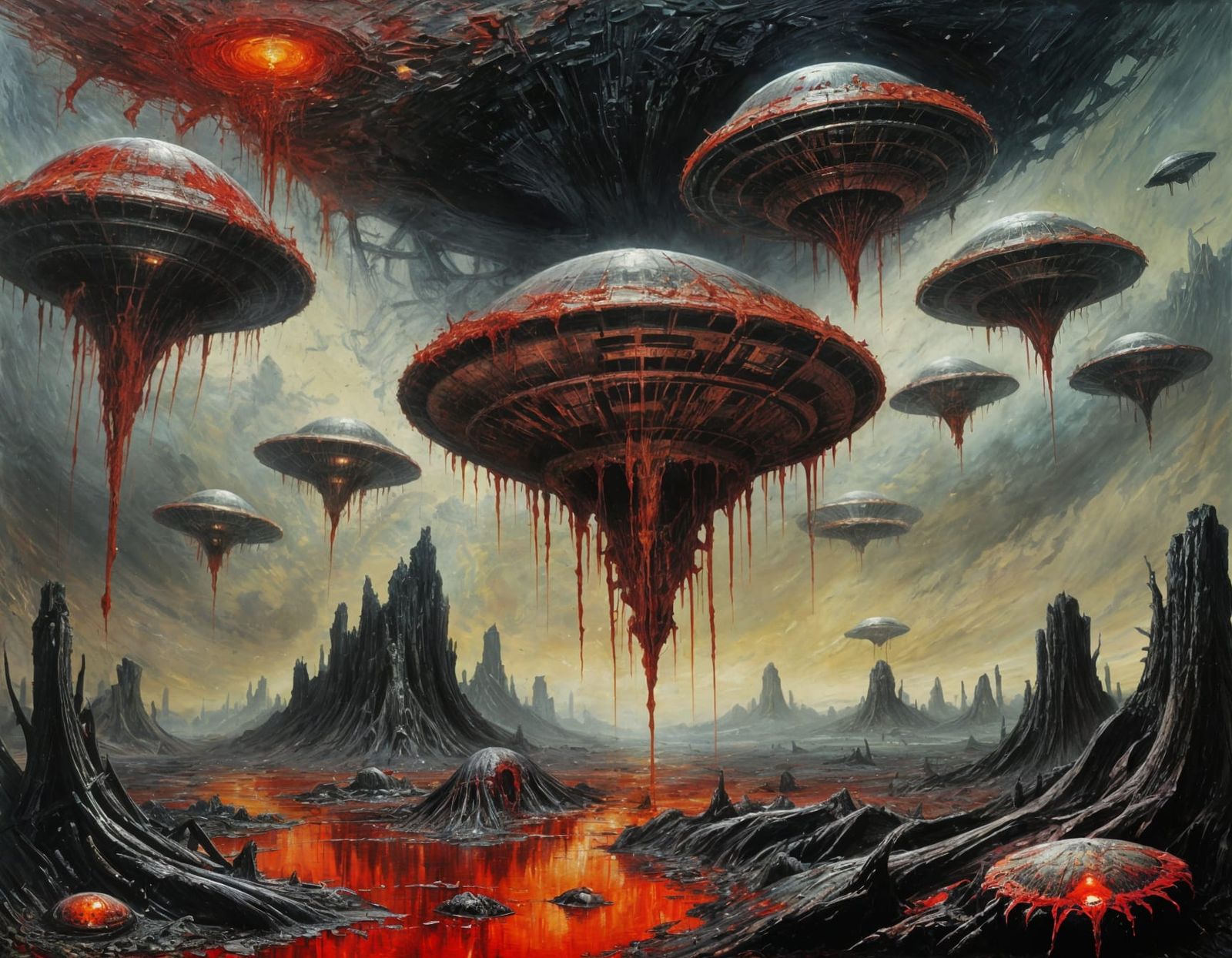 Cyberpunk Oil Painting of Earth Under Alien Attack