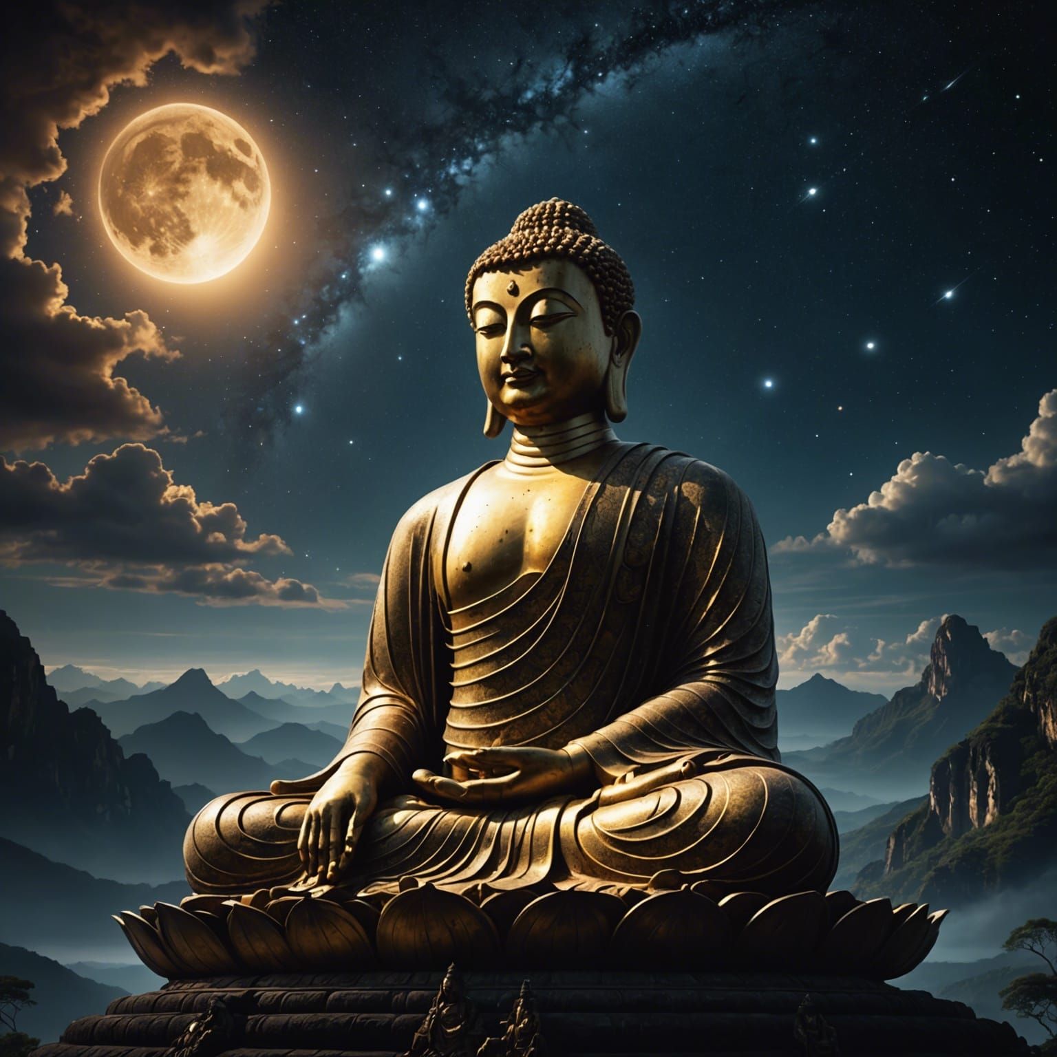 Dramatic Buddha Gazing at Light in Night Sky