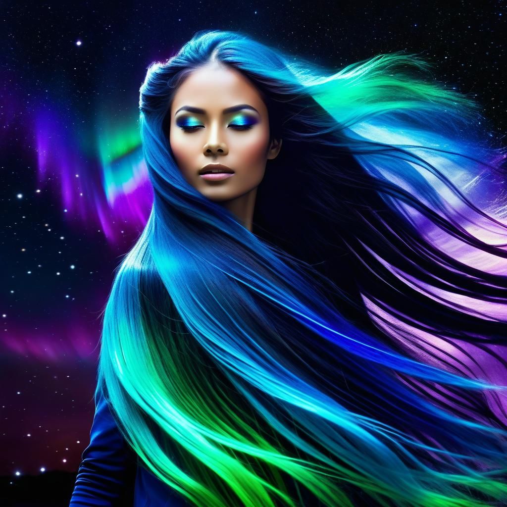 Mystical Woman with Flowing Cosmic Hair: 4K Photo