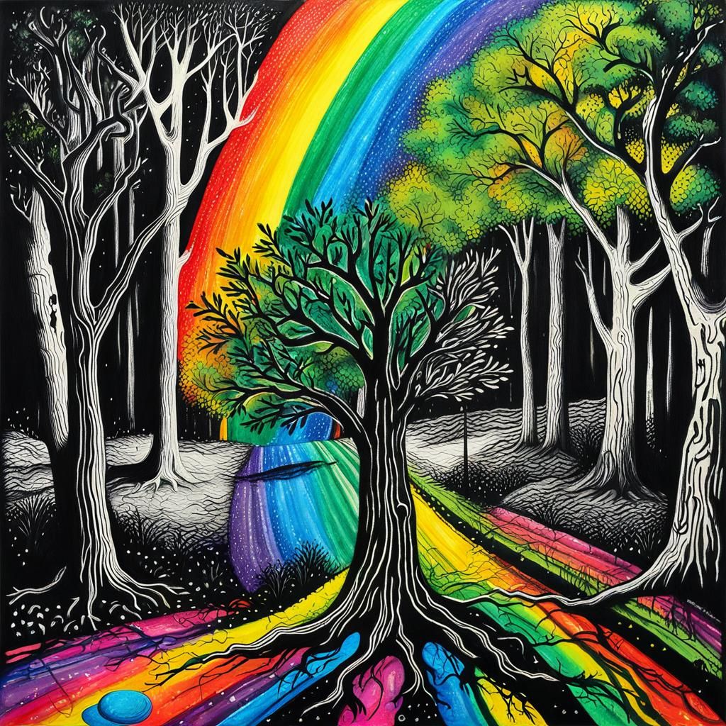 Surreal Child's Drawing with Rainbow Fairy in Street Art Sty...