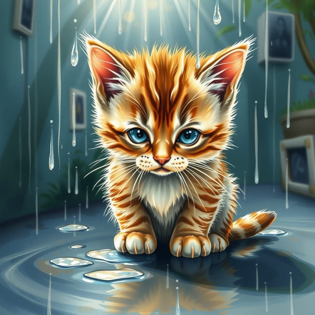 Sad Kitten in Rain: Vintage Watercolor Illustration