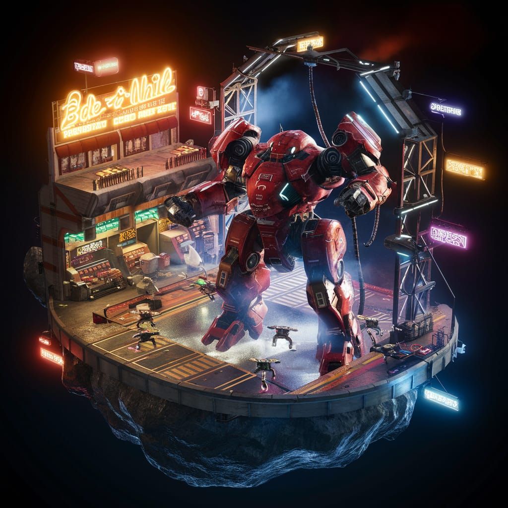 Mech Landing at Neon Space Station