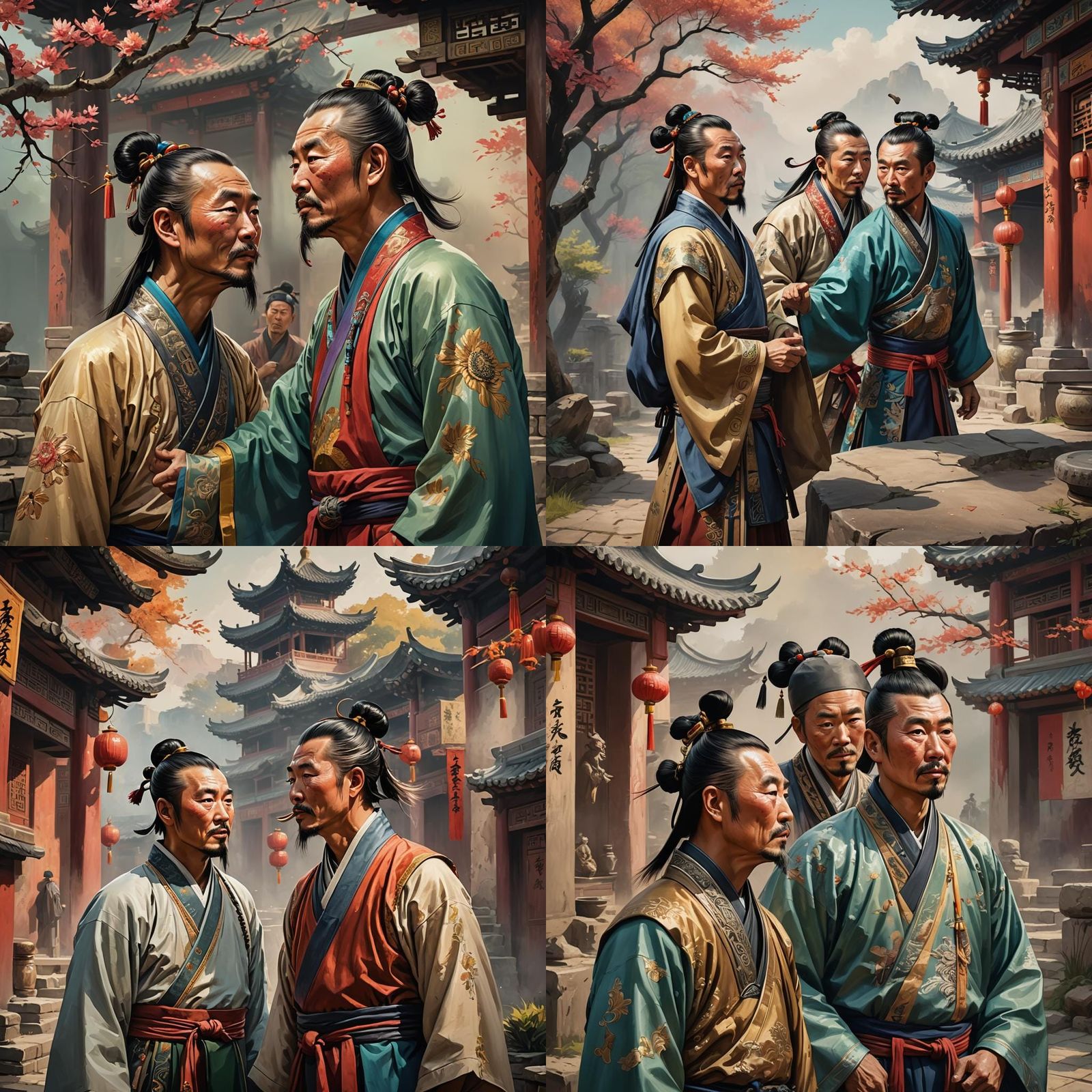 Feudal Chinese Men Gossiping: Hyperrealistic Concept Art