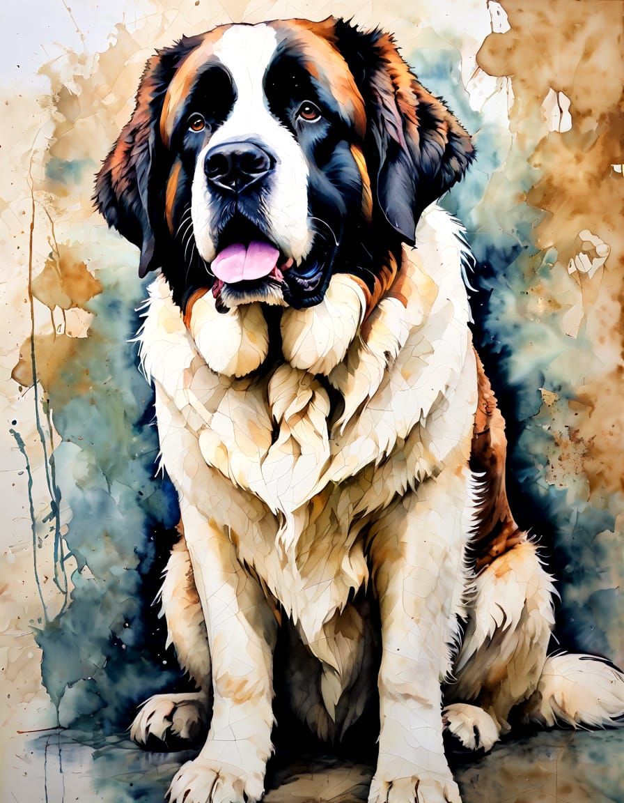Encaustic and Watercolor Saint Bernard Portrait
