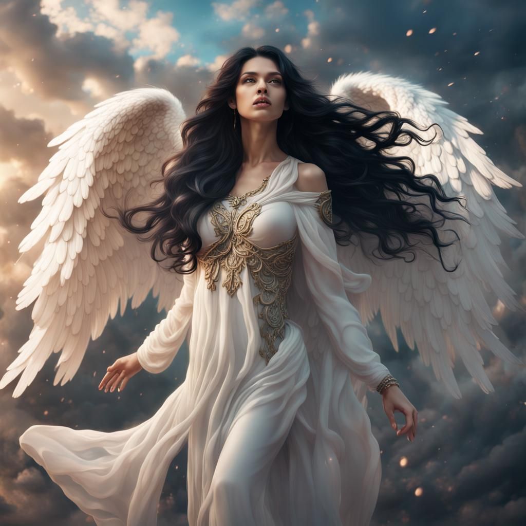 Heavenly Angel with Flowing Black Hair