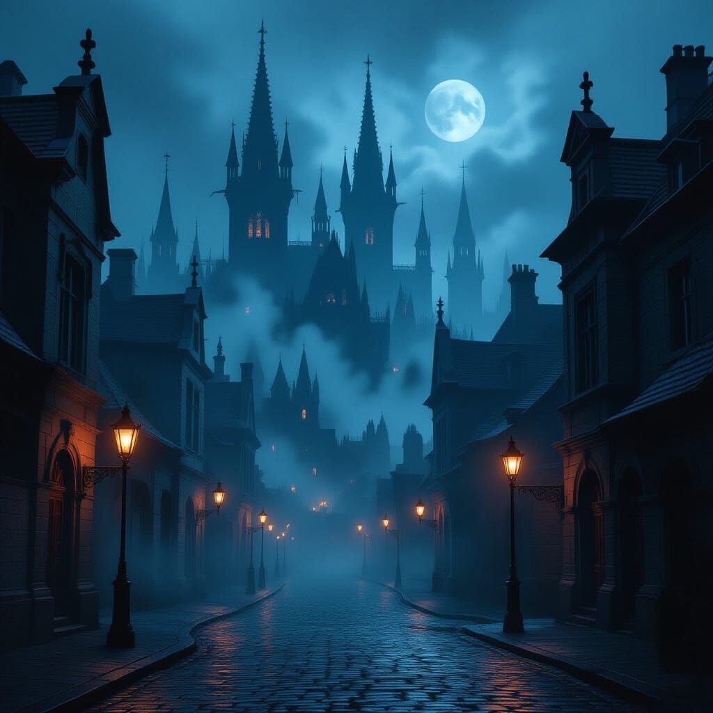Gothic Cityscape in Eerie Mist with Castle