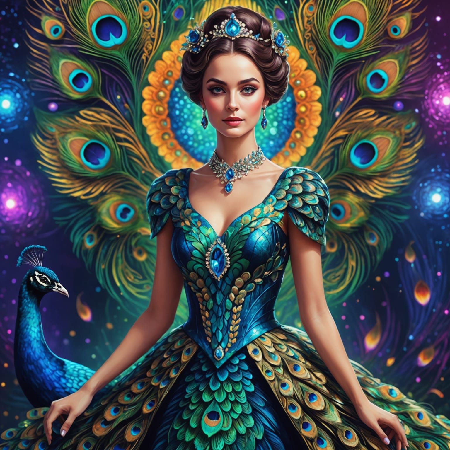 Peacock Dress: Holographic Astral Cosmic Illustration