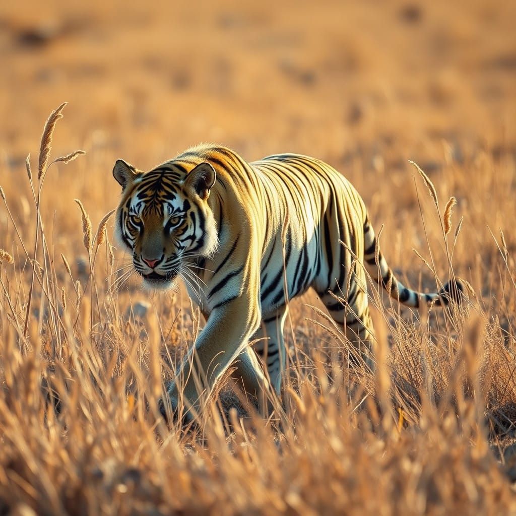 Majestic Tiger Stalks Arid Prairie in Golden Light