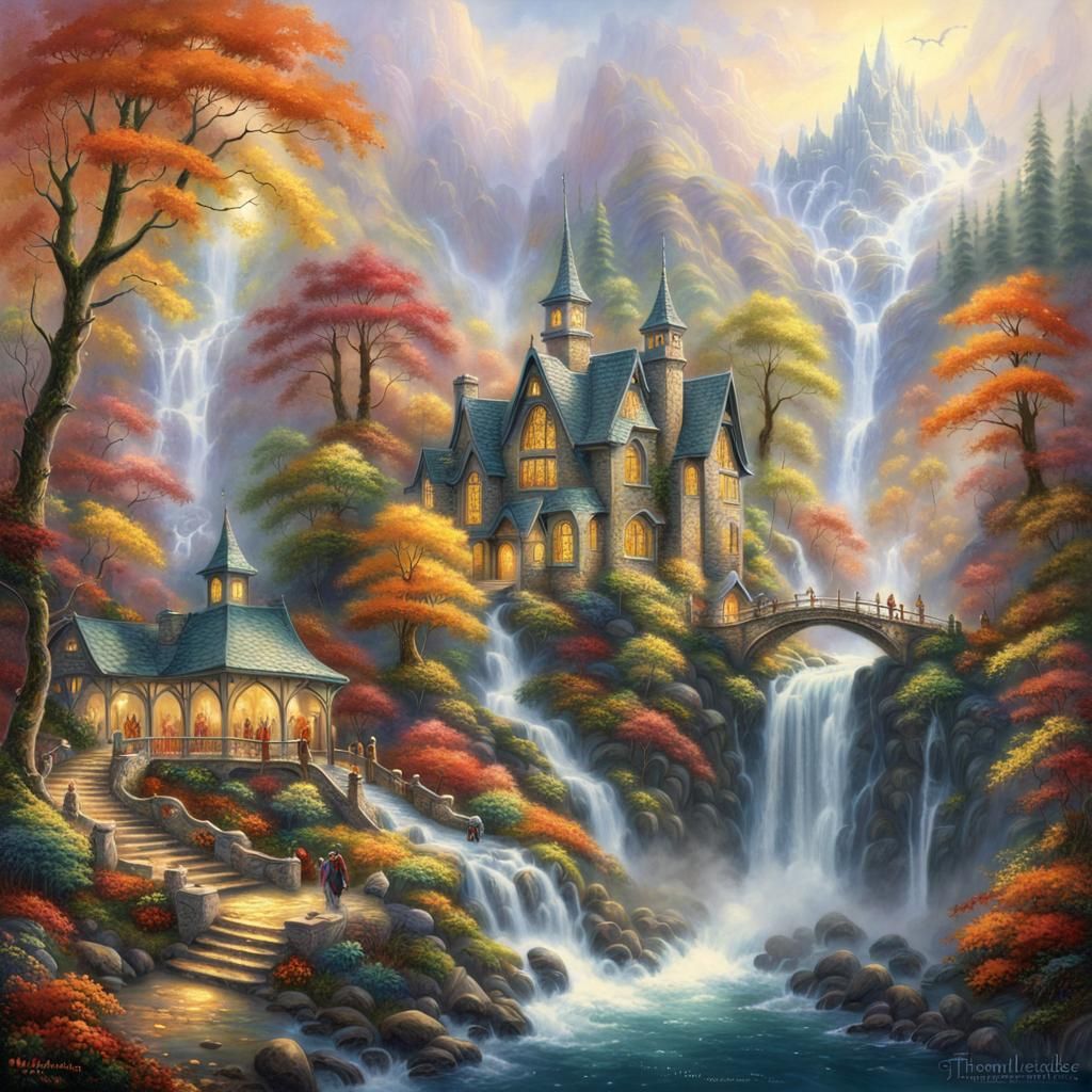Ethereal Autumn Rivendell with Waterfalls and Elves