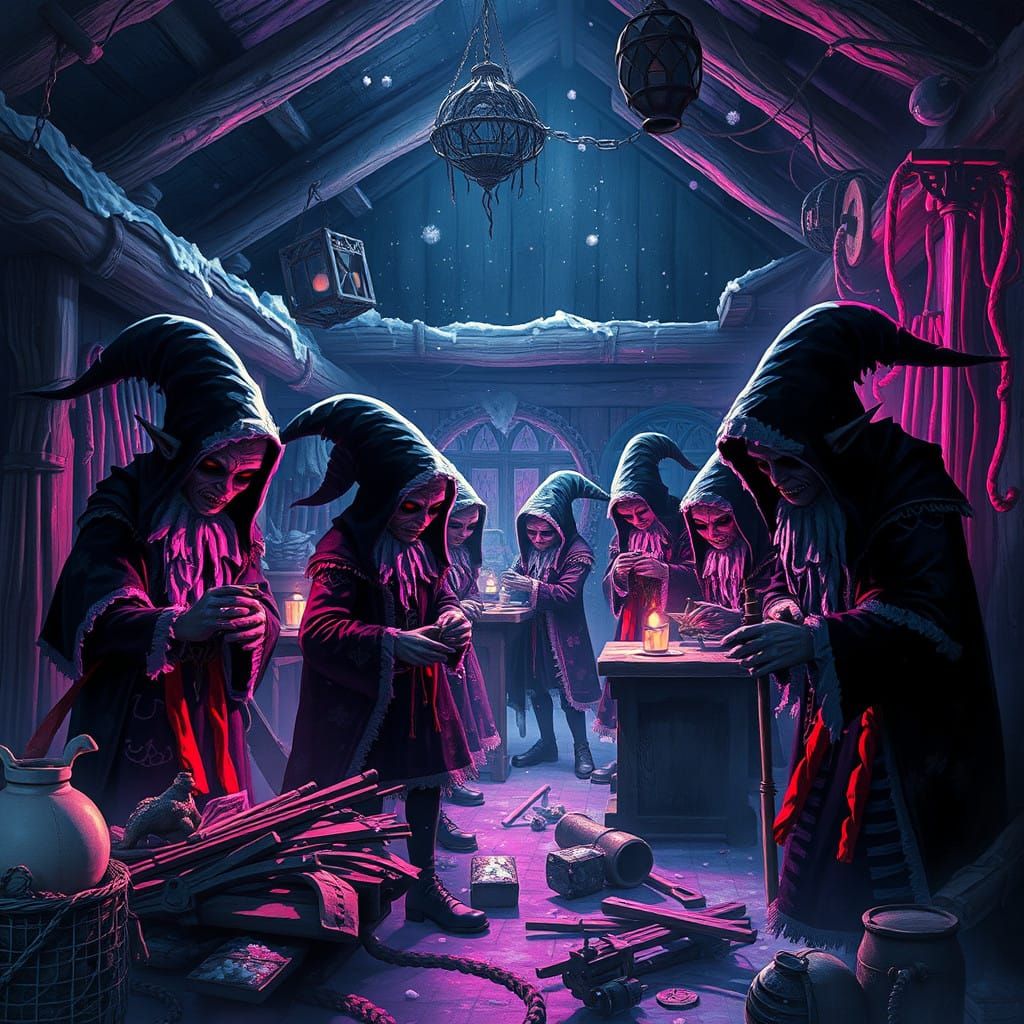 Sinister Christmas Elves in a Dark, Mystical Workshop