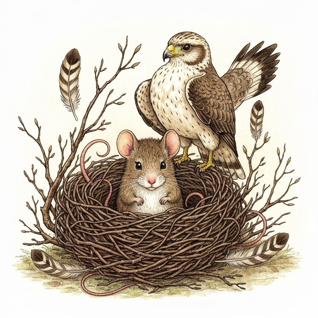 Mouse and Hawk in Nest, Whimsical Beatrix Potter Style